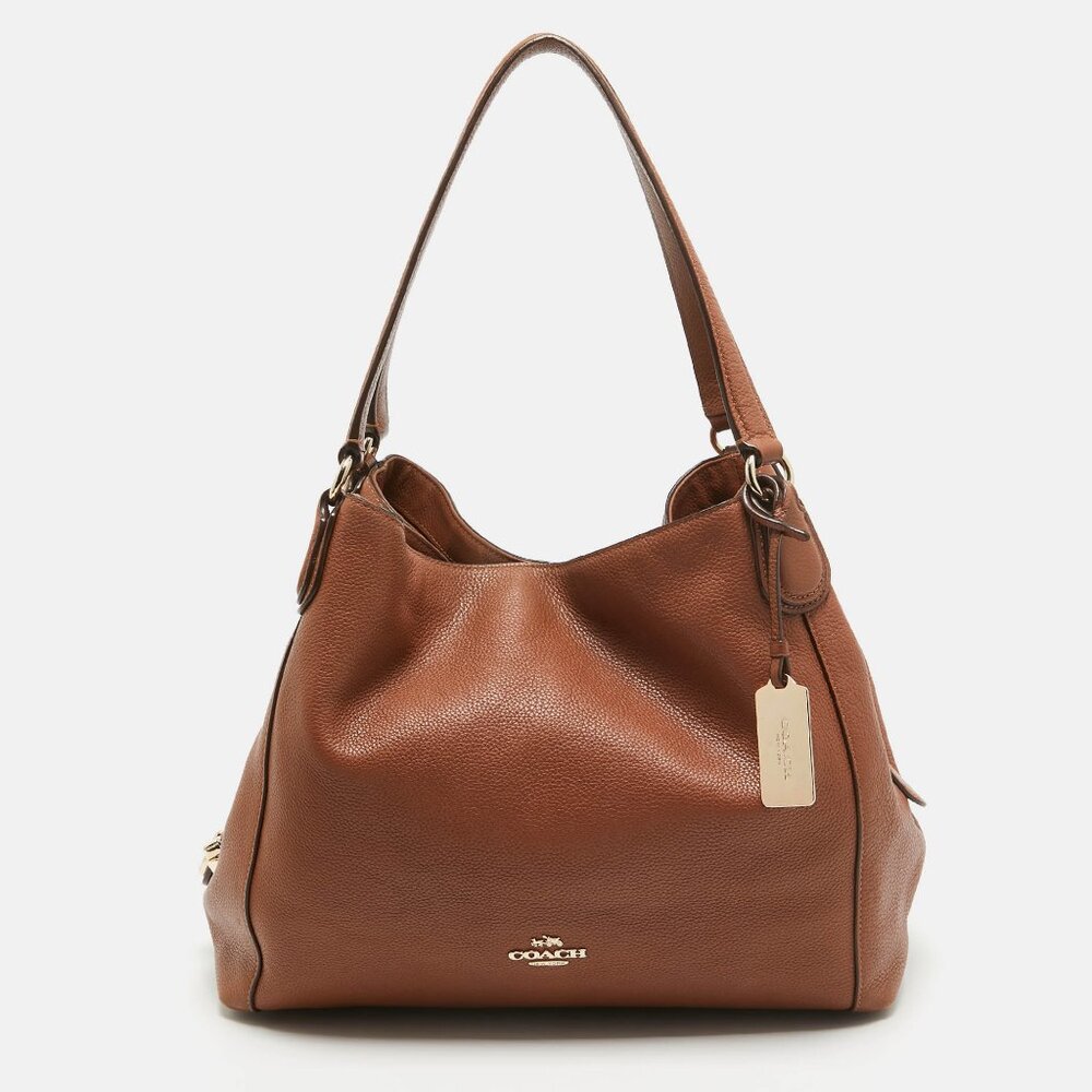 COACH Edie Genuine Leather 3 Compartment Shoulder Bag Brown Purse Tote